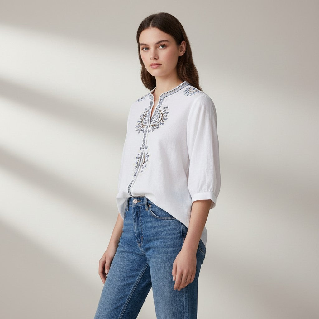 Women's Embroidered Stand Collar Blouse-Vyana Collective