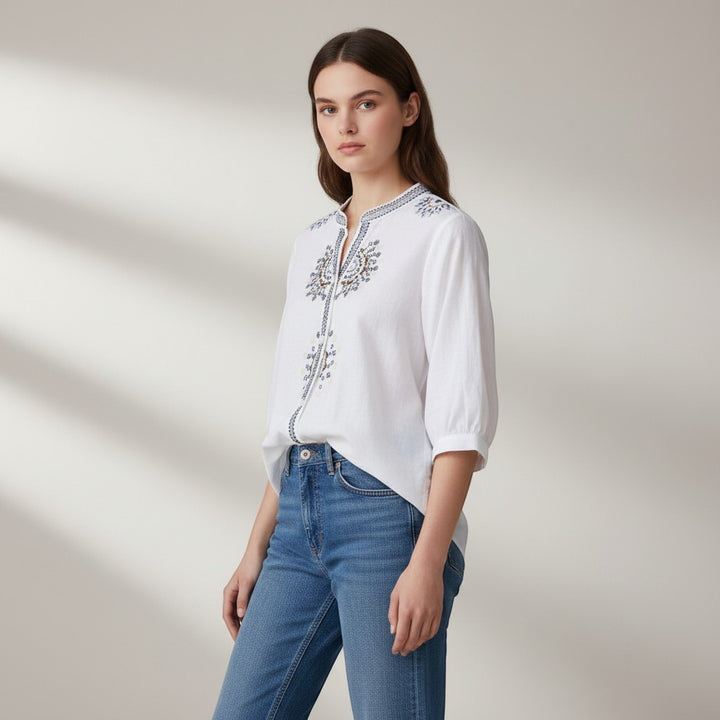 Women's Embroidered Stand Collar Blouse-Vyana Collective