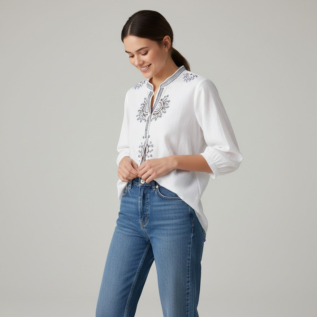 Women's Embroidered Stand Collar Blouse-Vyana Collective