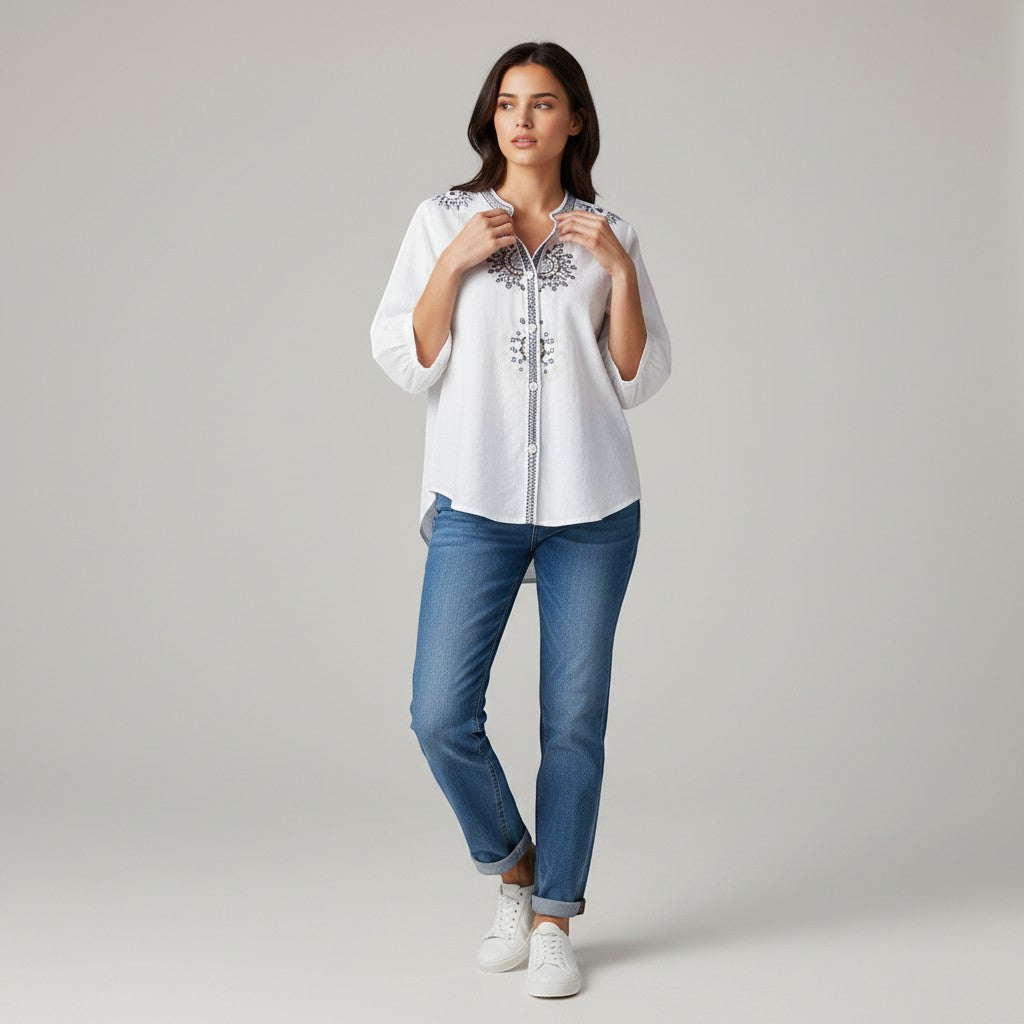 Women's Embroidered Stand Collar Blouse-Vyana Collective