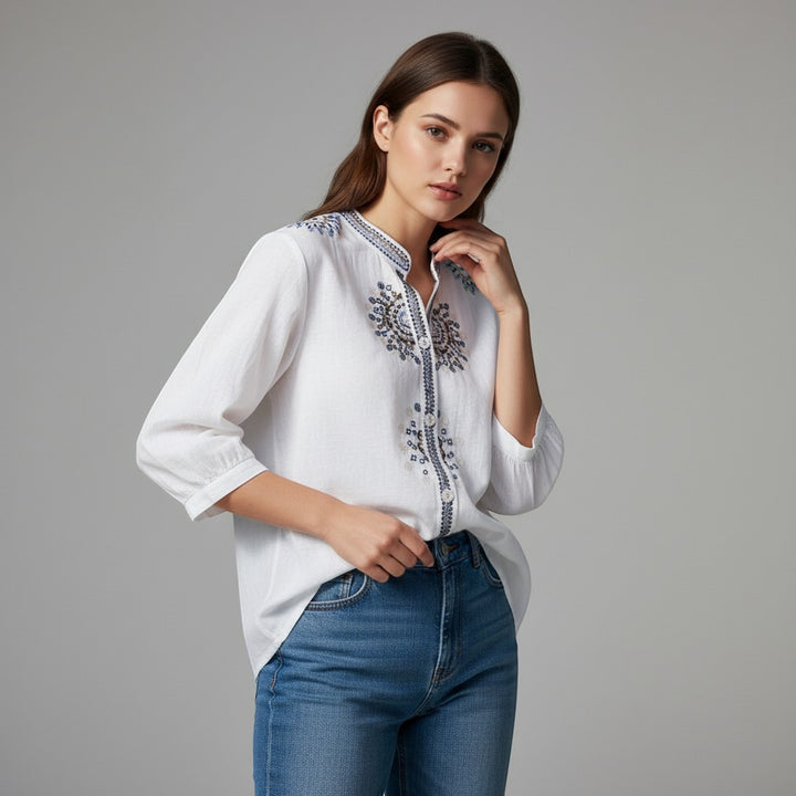 Women's Embroidered Stand Collar Blouse-Vyana Collective