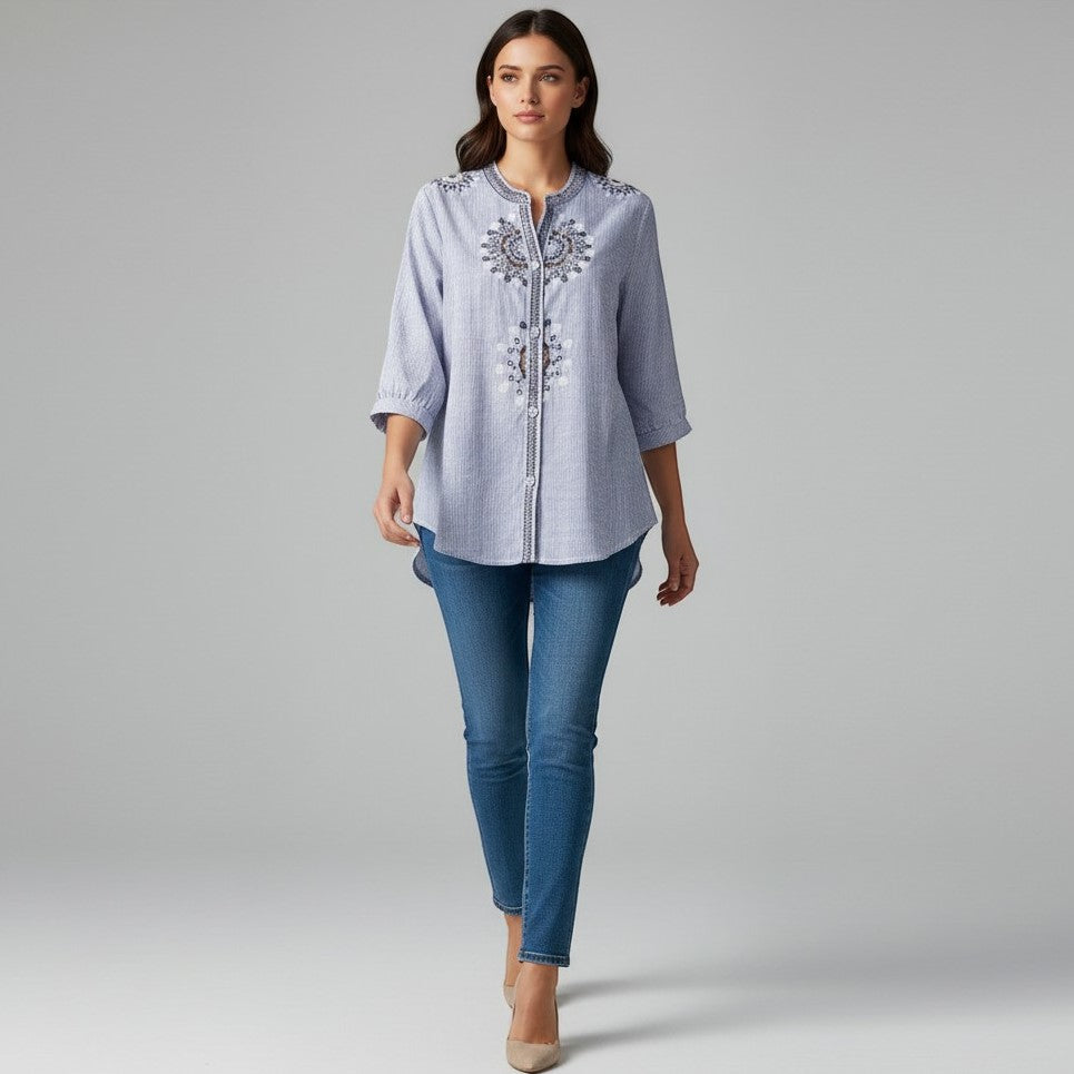 Women's Embroidered Stand Collar Blouse-Vyana Collective