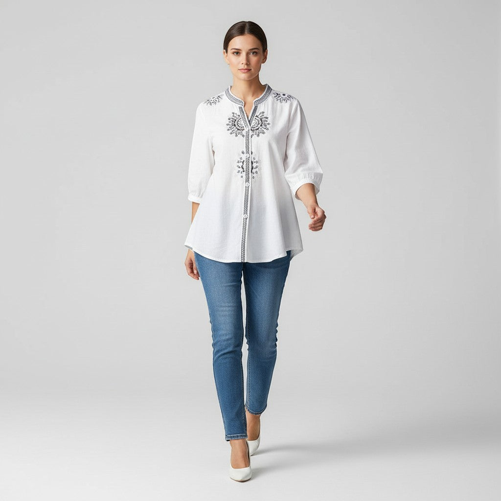 Women's Embroidered Stand Collar Blouse-Vyana Collective