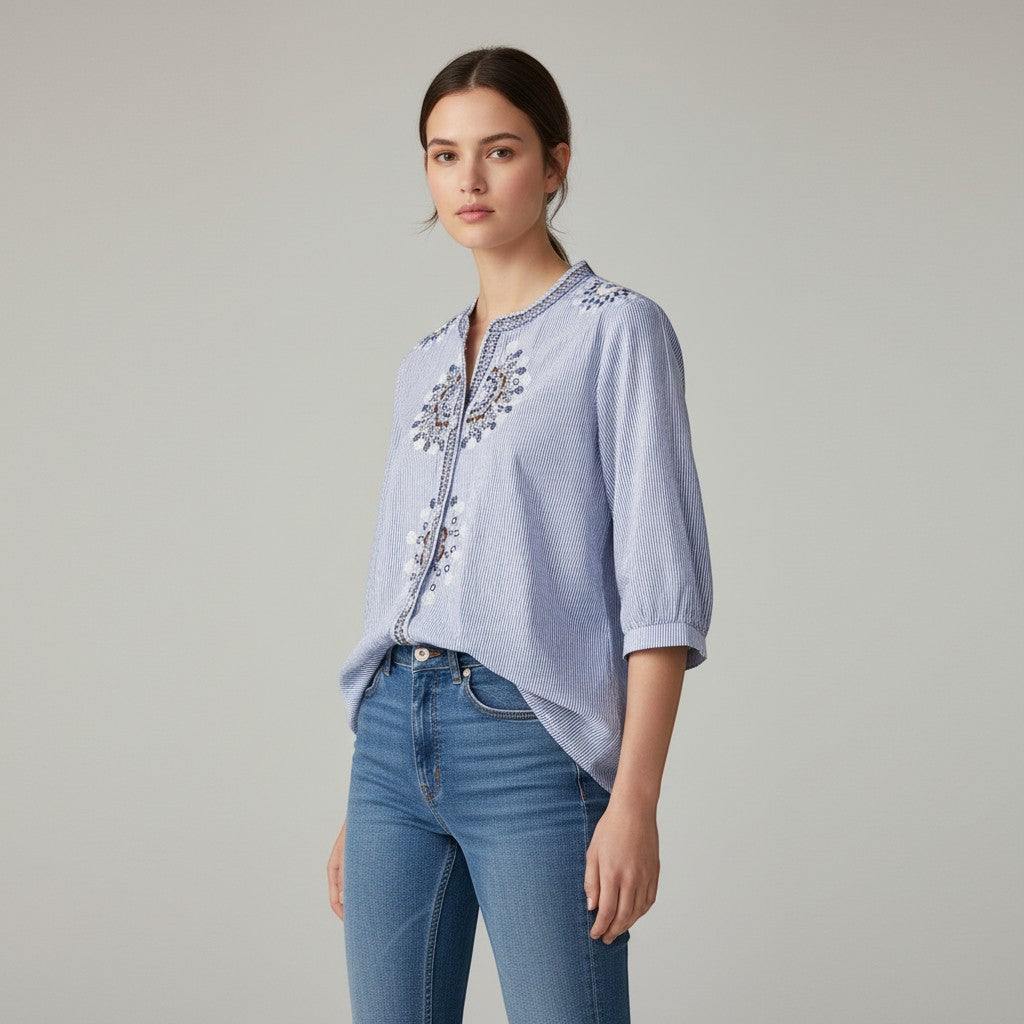 Women's Embroidered Stand Collar Blouse-Vyana Collective