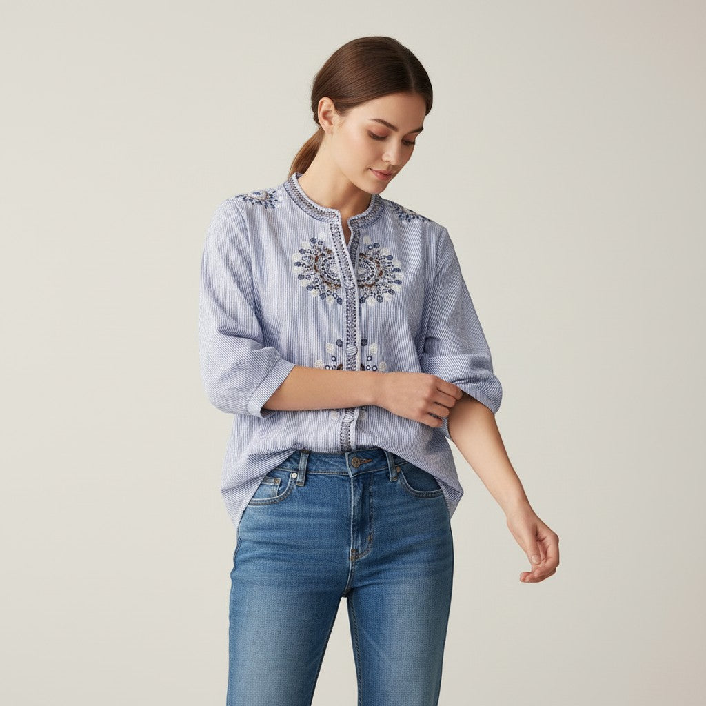 Women's Embroidered Stand Collar Blouse-Vyana Collective