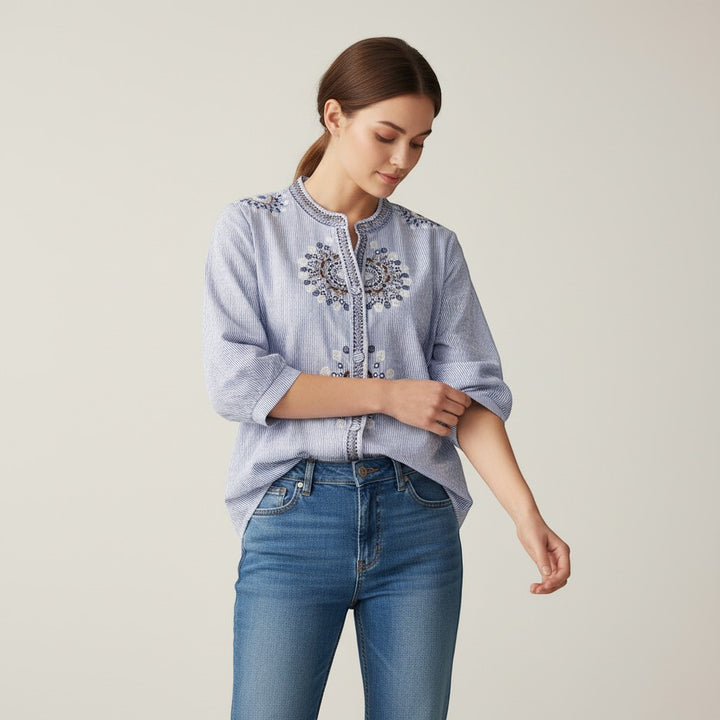 Women's Embroidered Stand Collar Blouse-Vyana Collective