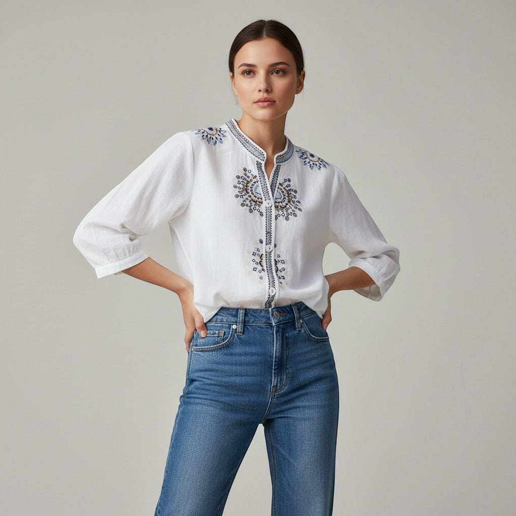 Women's Embroidered Stand Collar Blouse-Vyana Collective