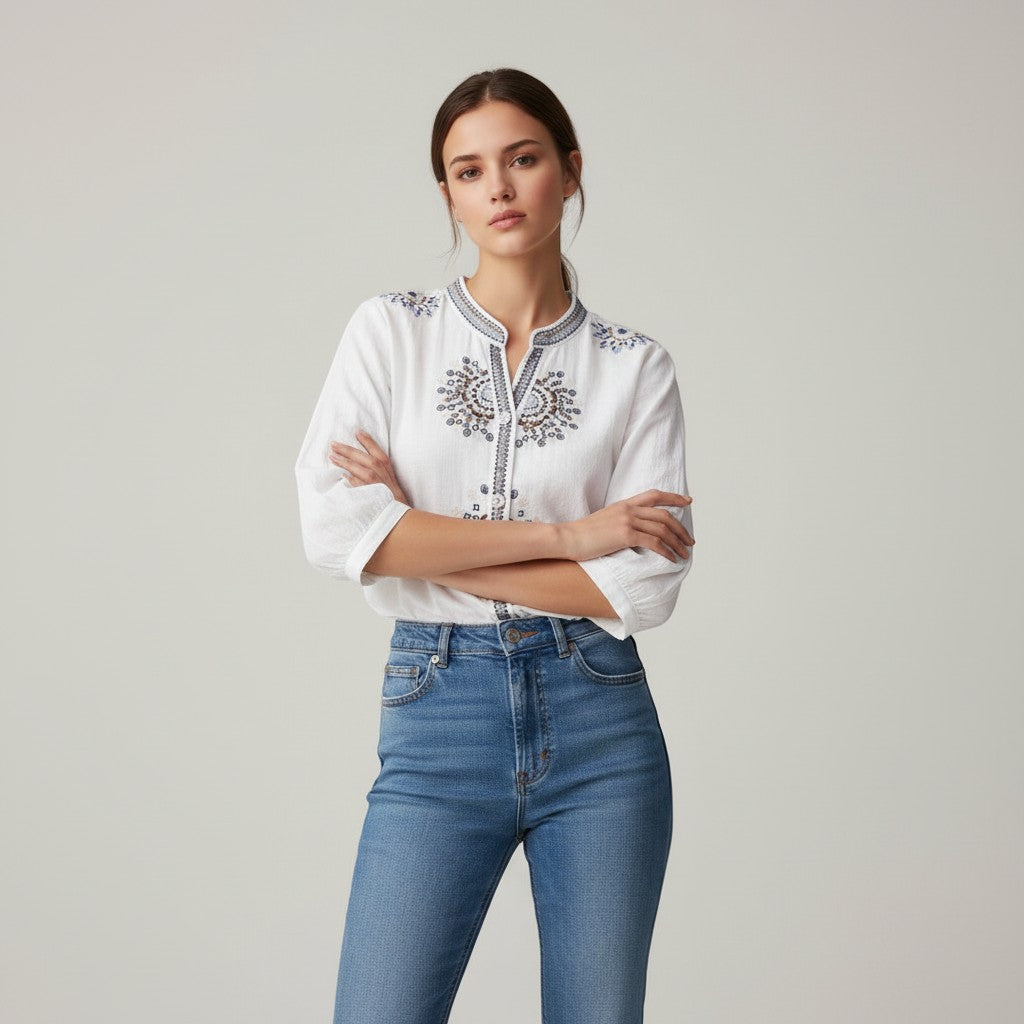 Women's Embroidered Stand Collar Blouse-Vyana Collective