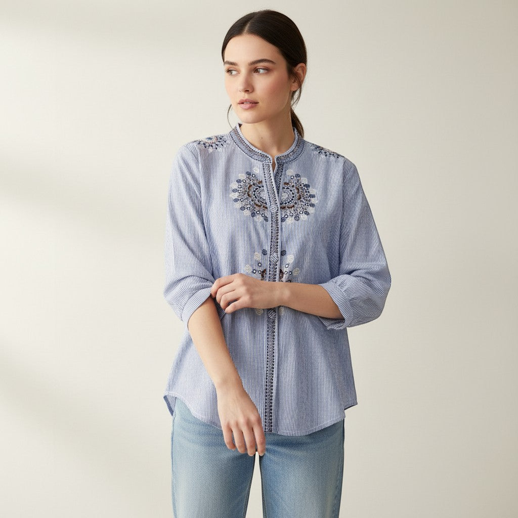 Women's Embroidered Stand Collar Blouse-Vyana Collective