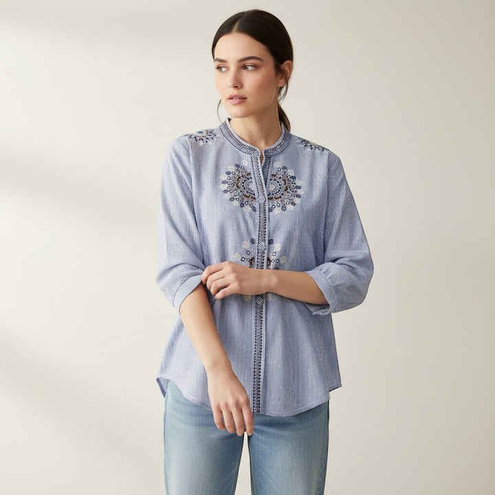 Women's Embroidered Stand Collar Blouse-Vyana Collective
