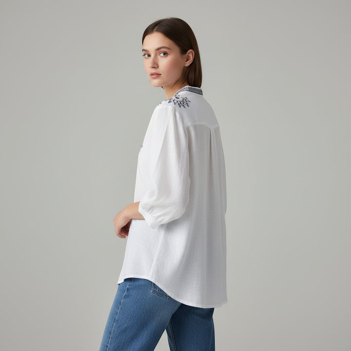 Women's Embroidered Stand Collar Blouse-Vyana Collective