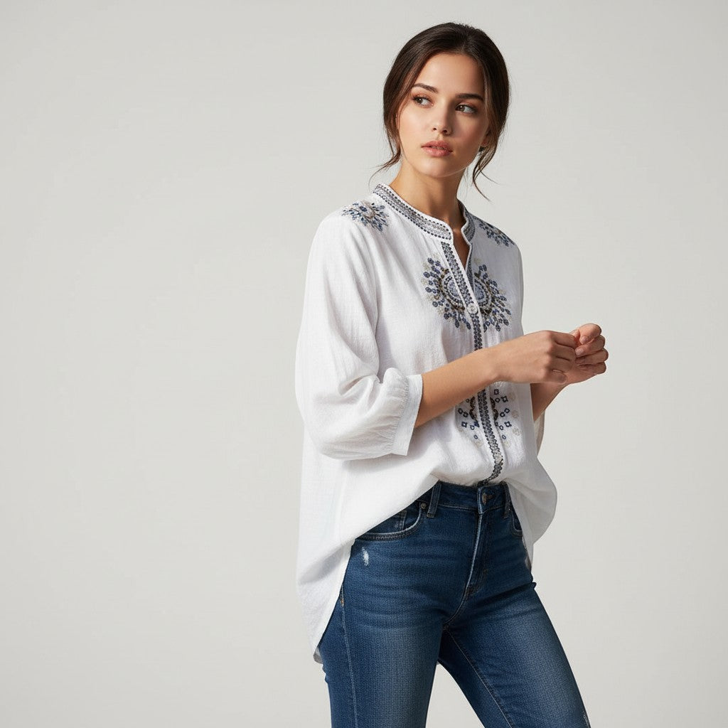 Women's Embroidered Stand Collar Blouse-Vyana Collective
