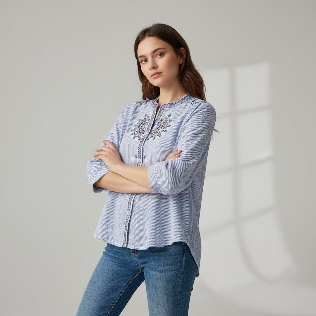 Women's Embroidered Stand Collar Blouse-Vyana Collective