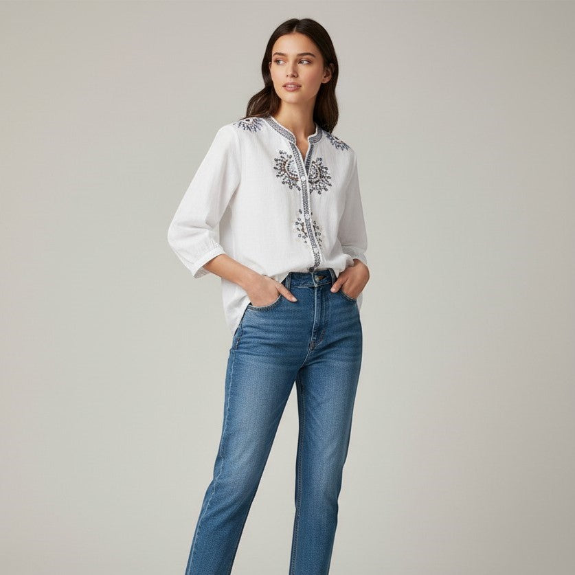 Women's Embroidered Stand Collar Blouse-Vyana Collective