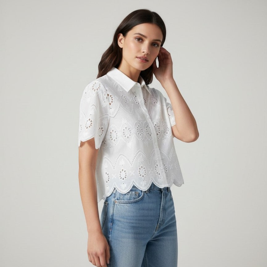 Women's Eyelet Embroidered Button-Up Blouse-Vyana Collective