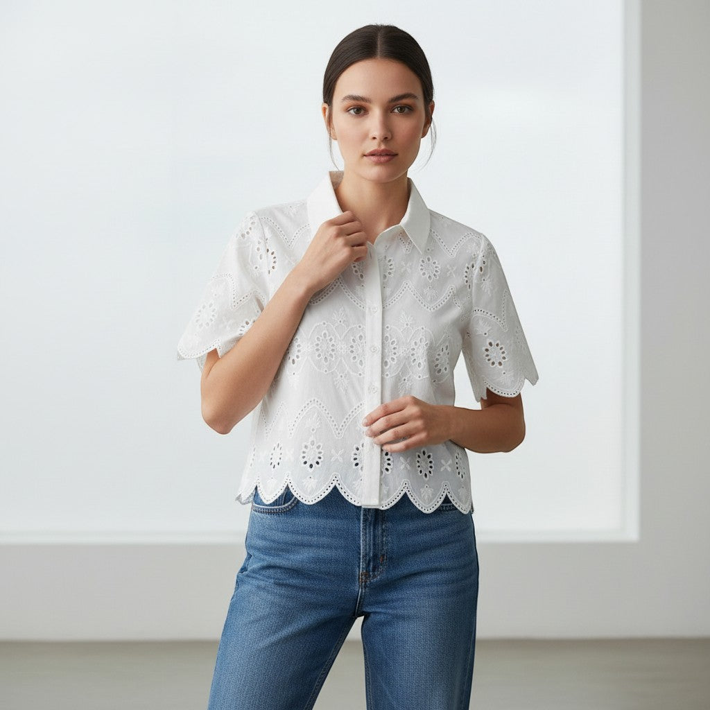Women's Eyelet Embroidered Button-Up Blouse-Vyana Collective