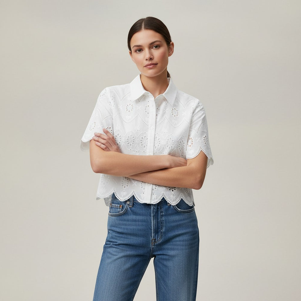 Women's Eyelet Embroidered Button-Up Blouse-Vyana Collective