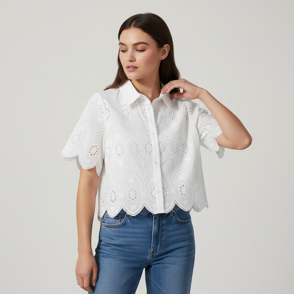 Women's Eyelet Embroidered Button-Up Blouse-Vyana Collective