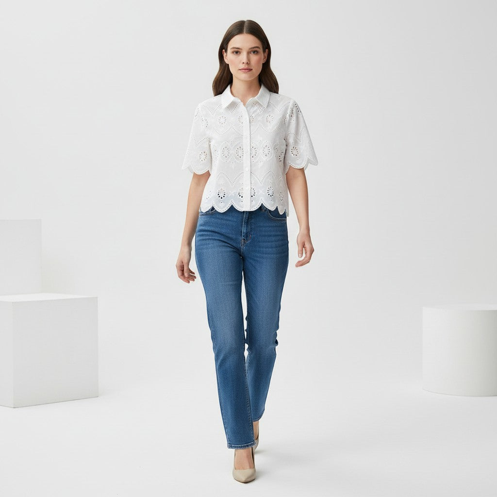 Women's Eyelet Embroidered Button-Up Blouse-Vyana Collective