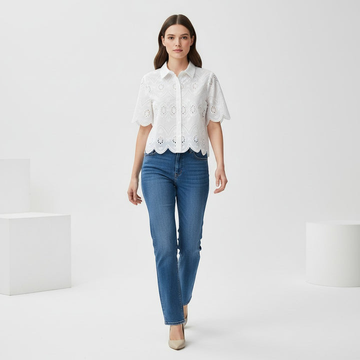 Women's Eyelet Embroidered Button-Up Blouse-Vyana Collective