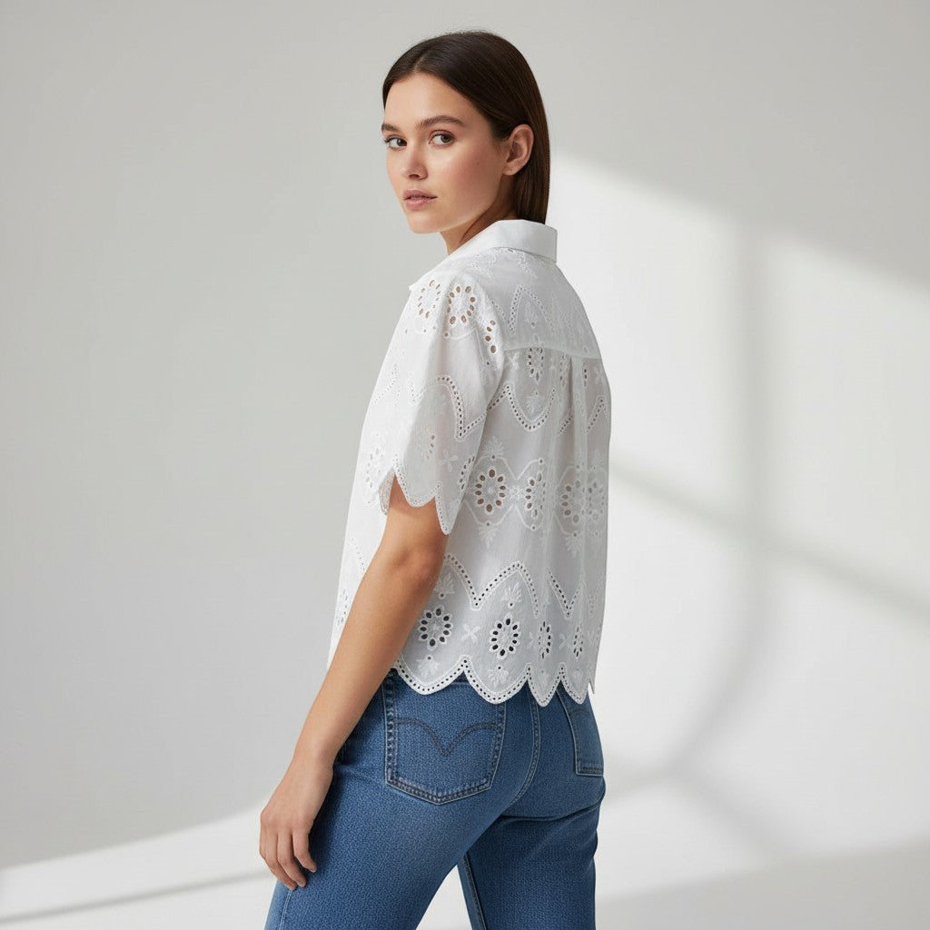 Women's Eyelet Embroidered Button-Up Blouse-Vyana Collective