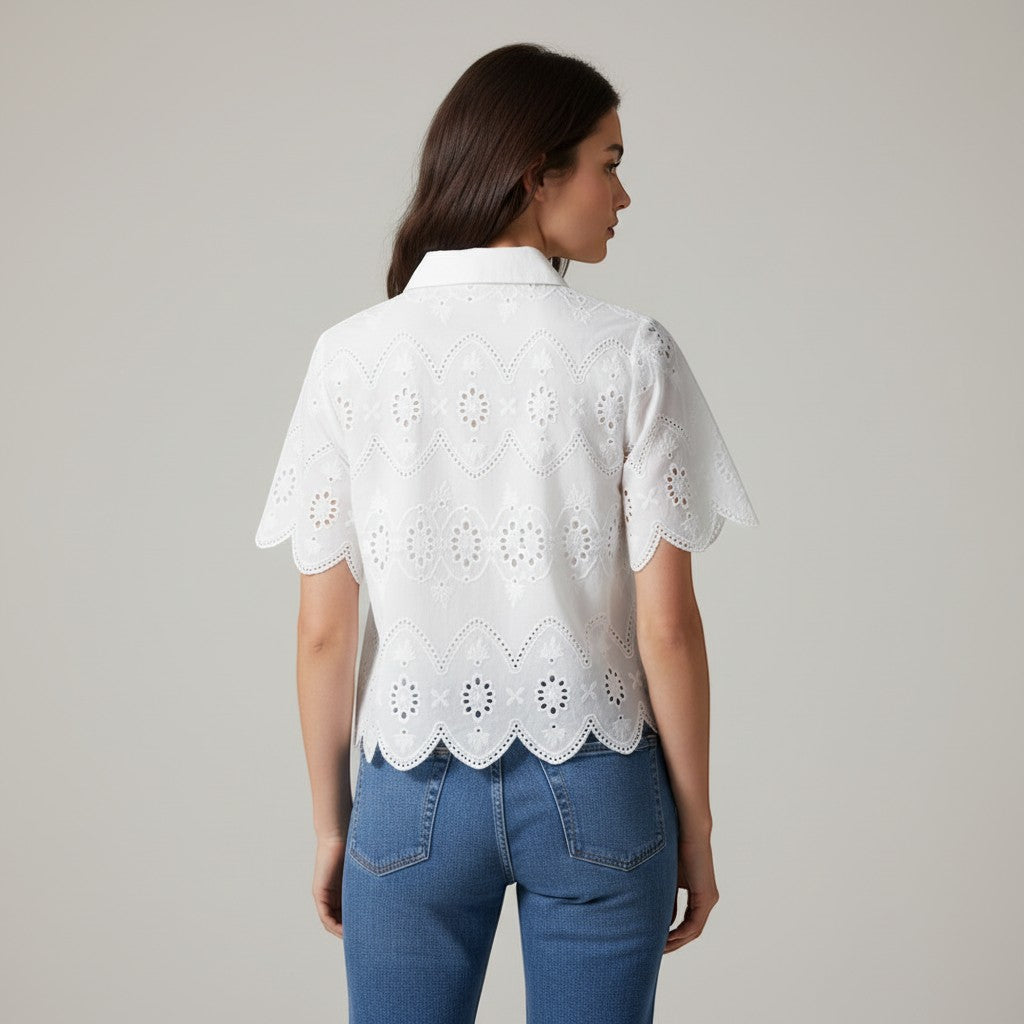 Women's Eyelet Embroidered Button-Up Blouse-Vyana Collective