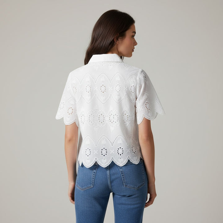 Women's Eyelet Embroidered Button-Up Blouse-Vyana Collective