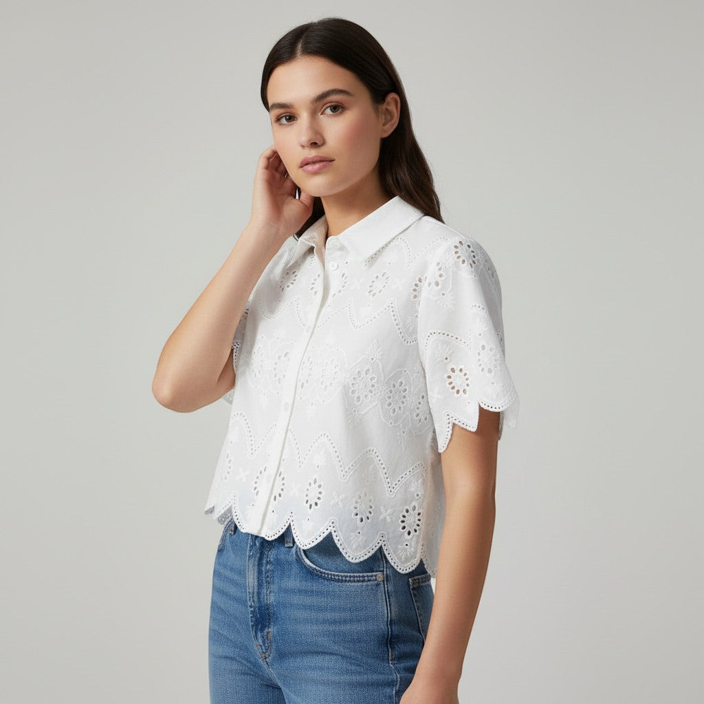 Women's Eyelet Embroidered Button-Up Blouse-Vyana Collective