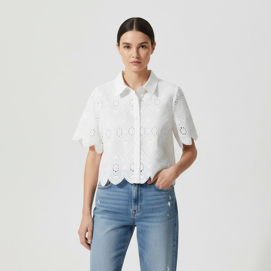 Women's Eyelet Embroidered Button-Up Blouse-Vyana Collective
