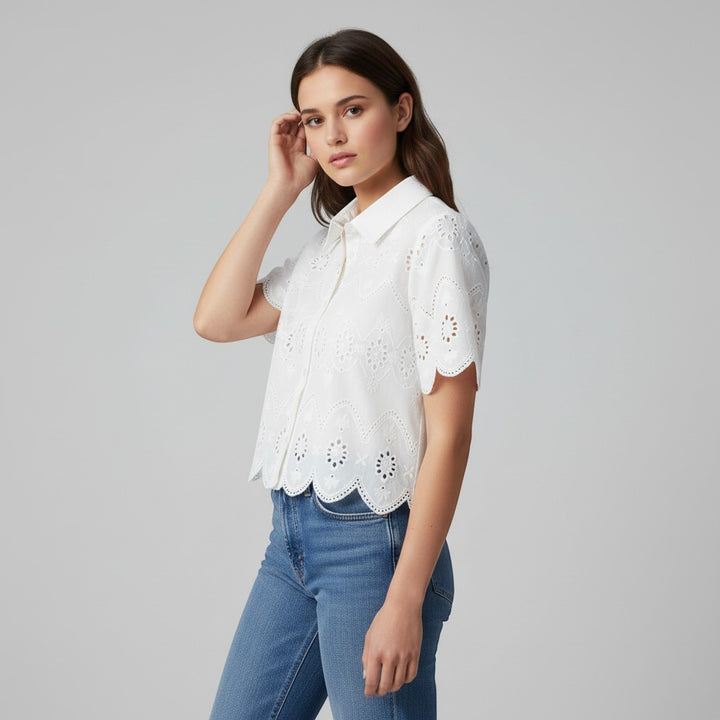 Women's Eyelet Embroidered Button-Up Blouse-Vyana Collective