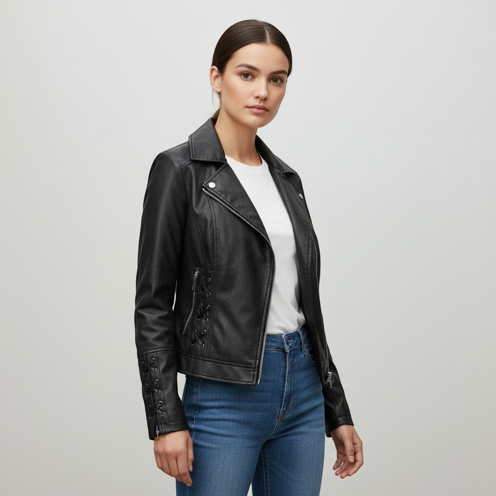 Women's Faux Leather Moto Jacket-Vyana Collective