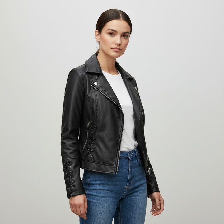 Women's Faux Leather Moto Jacket-Vyana Collective