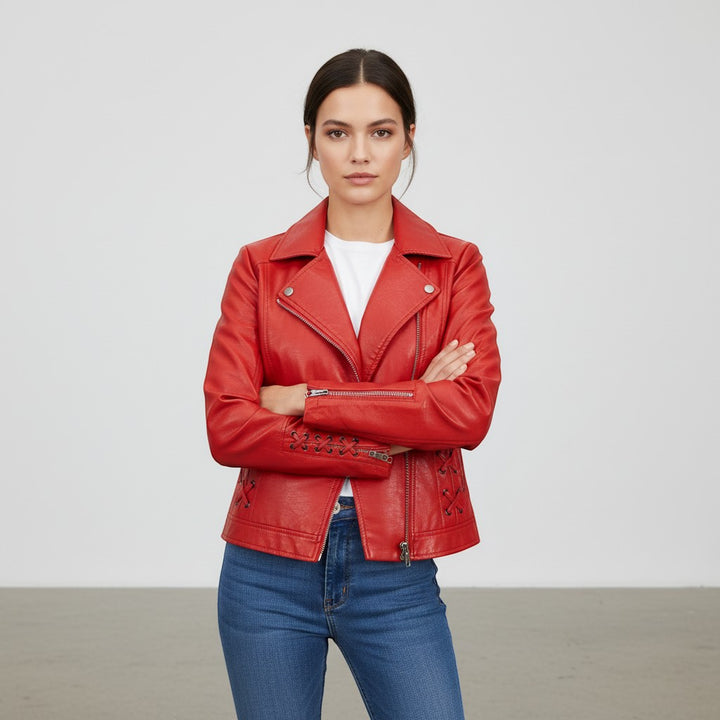 Women's Faux Leather Moto Jacket-Vyana Collective