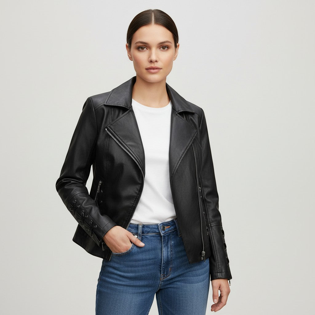 Women's Faux Leather Moto Jacket-Vyana Collective