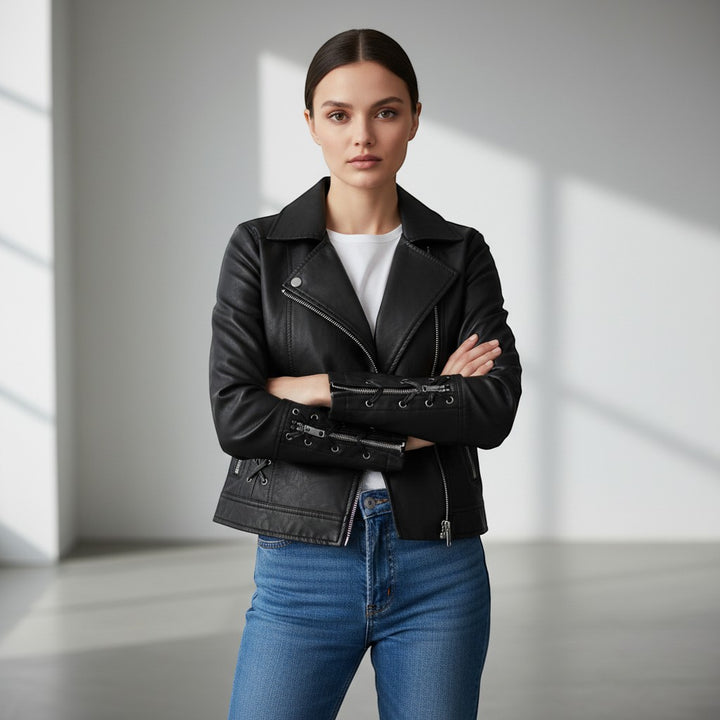 Women's Faux Leather Moto Jacket-Vyana Collective