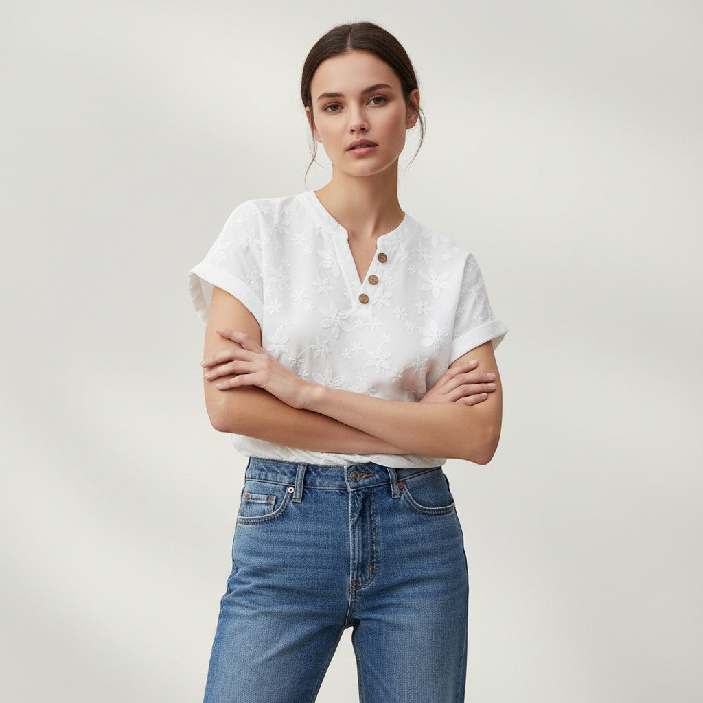 Women's Floral Embroidered V-Neck Blouse-Vyana Collective