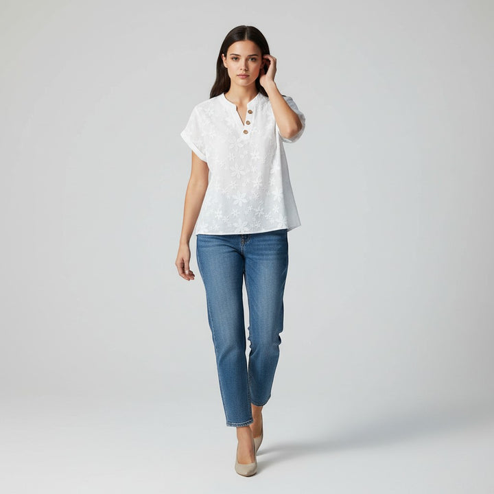 Women's Floral Embroidered V-Neck Blouse-Vyana Collective