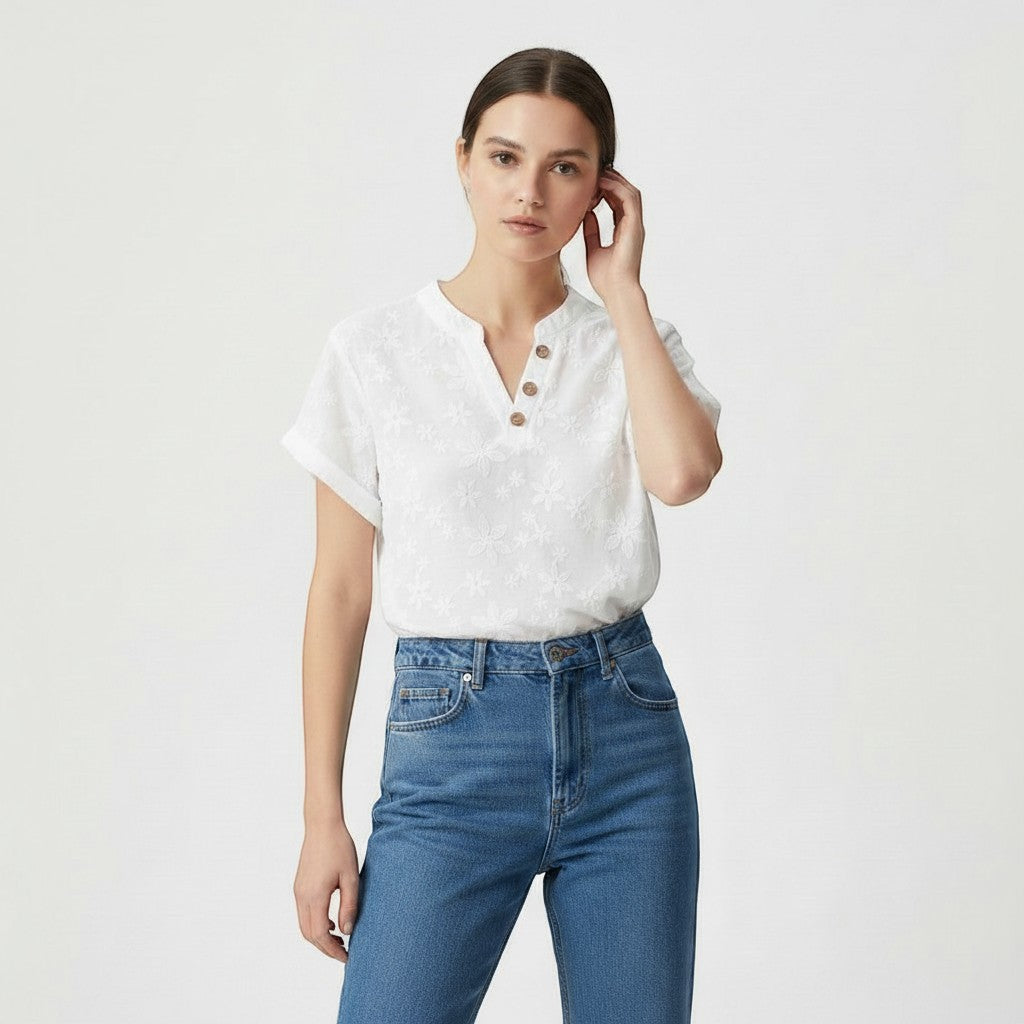 Women's Floral Embroidered V-Neck Blouse-Vyana Collective