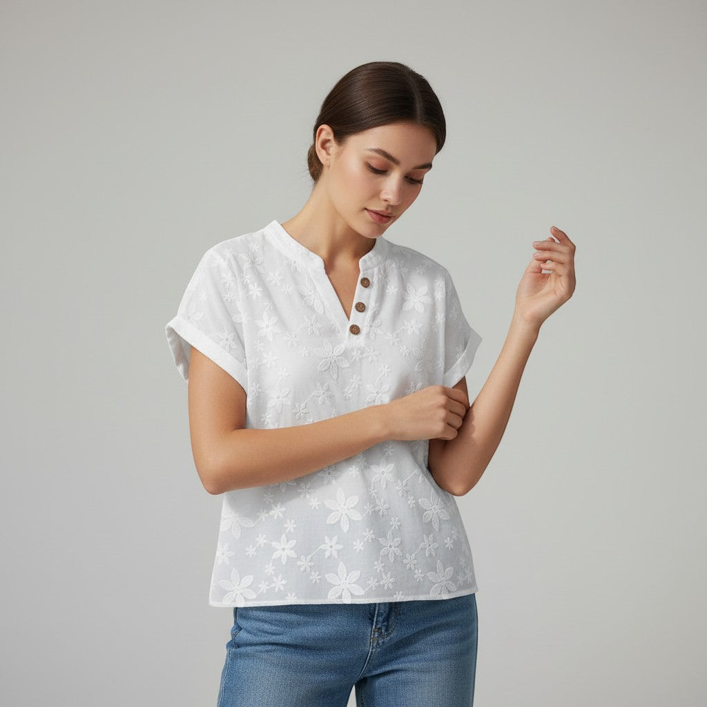Women's Floral Embroidered V-Neck Blouse-Vyana Collective