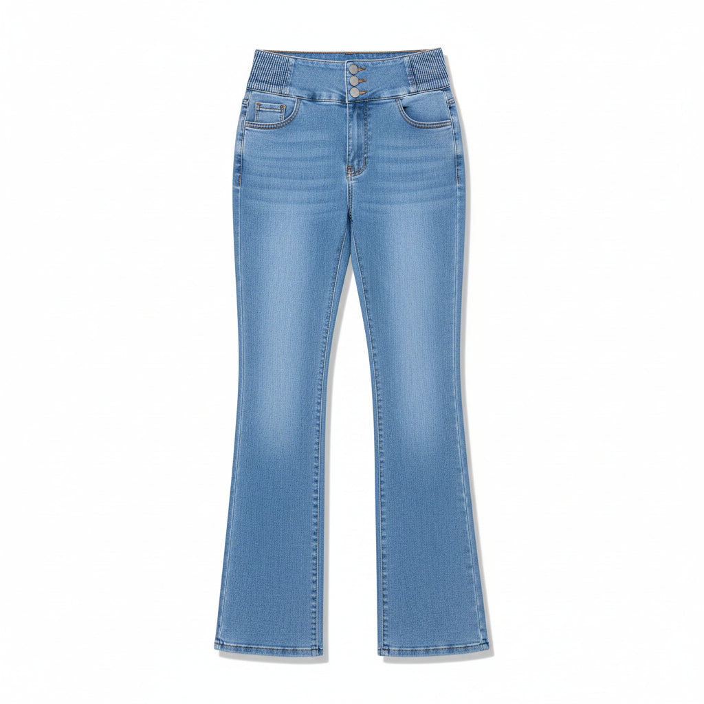 Women’s High-Waist Elastic Denim Pants with Button Detail-Vyana Collective