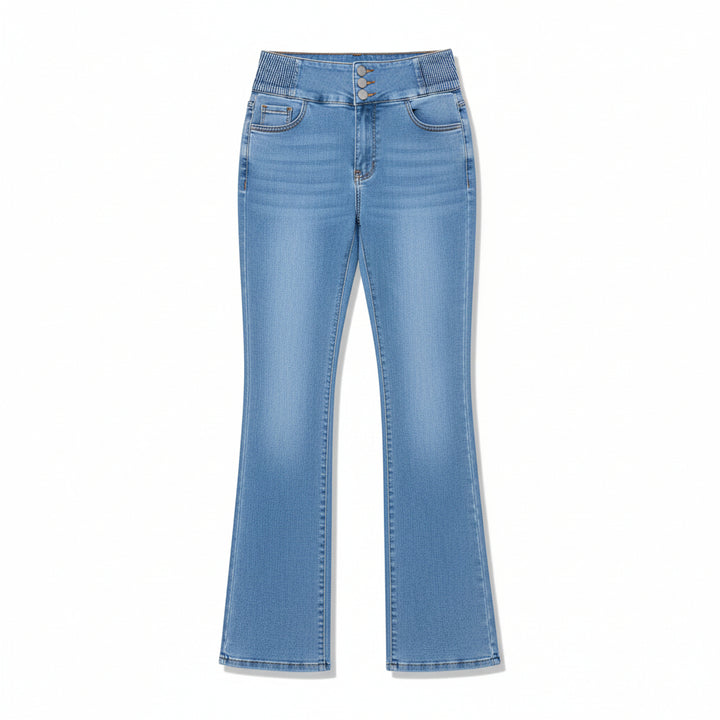 Women’s High-Waist Elastic Denim Pants with Button Detail-Vyana Collective