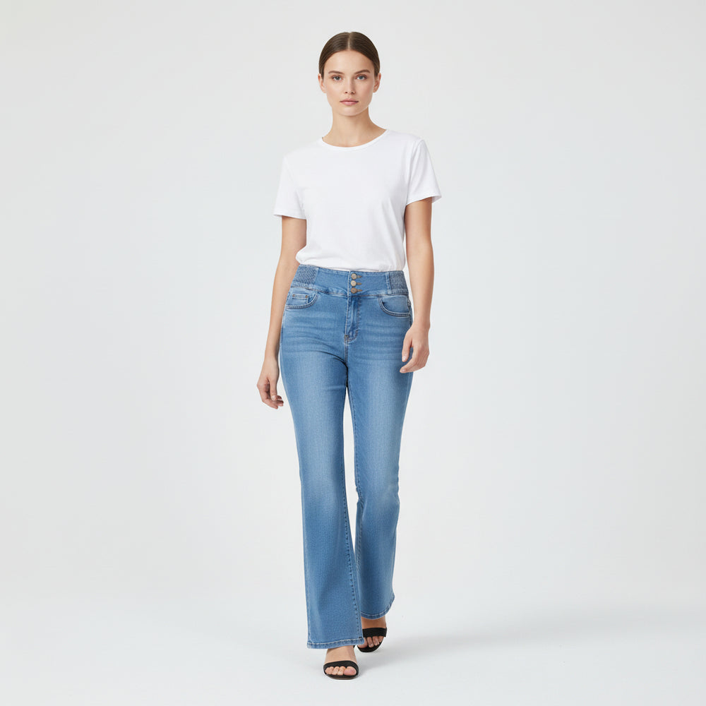 Women’s High-Waist Elastic Denim Pants with Button Detail-Vyana Collective