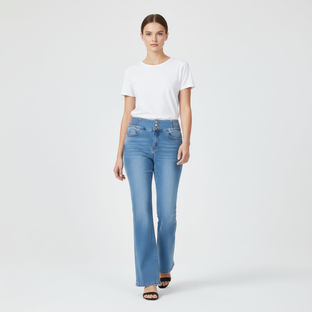 Women’s High-Waist Elastic Denim Pants with Button Detail-Vyana Collective
