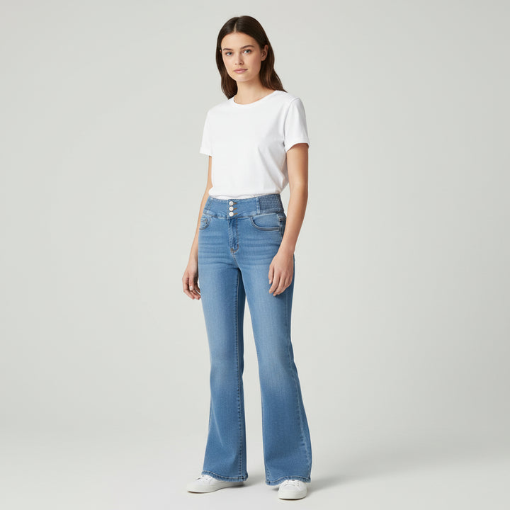 Women’s High-Waist Elastic Denim Pants with Button Detail-Vyana Collective