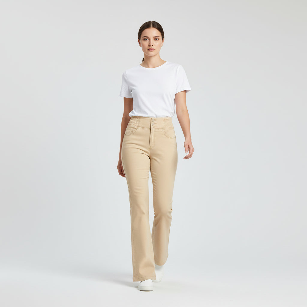 Women’s High-Waist Elastic Denim Pants with Button Detail-Vyana Collective