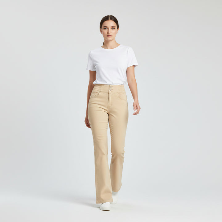 Women’s High-Waist Elastic Denim Pants with Button Detail-Vyana Collective