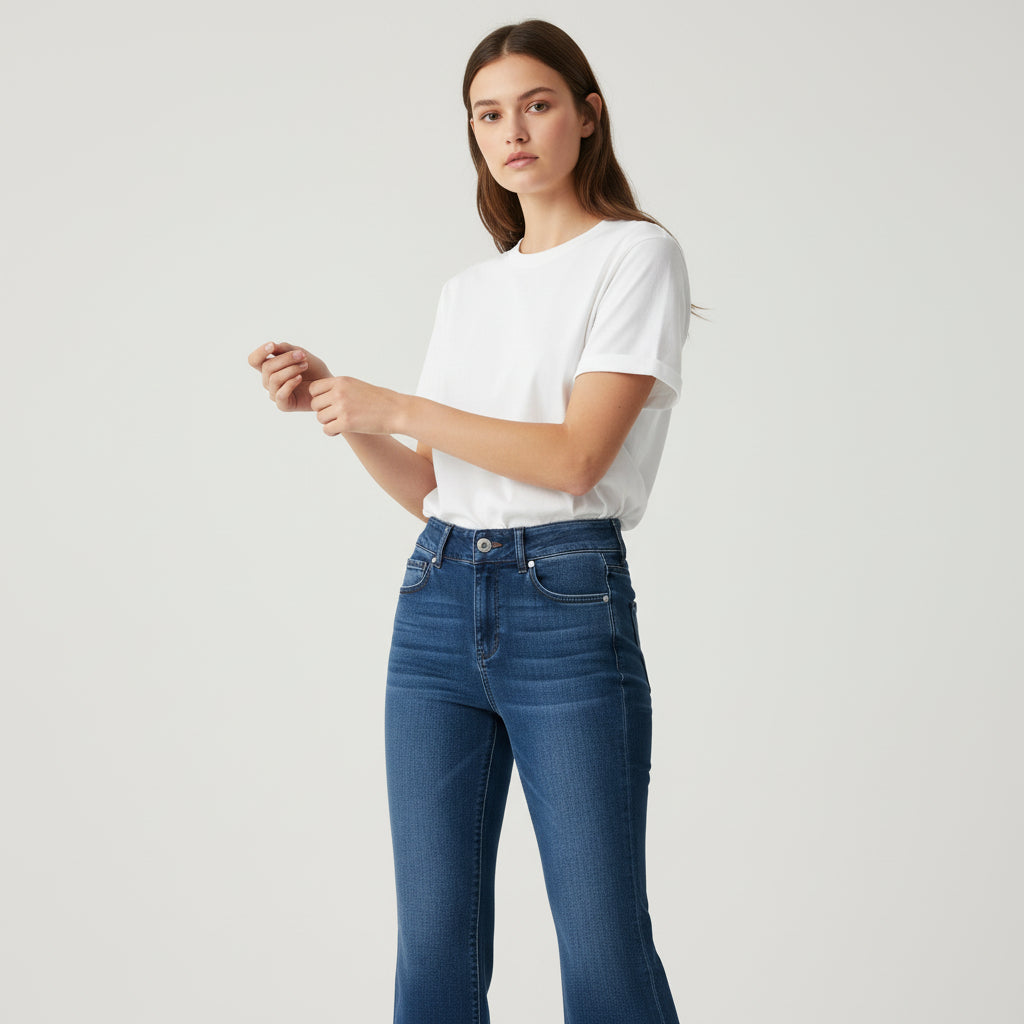 Women’s High-Waist Elastic Denim Pants with Button Detail-Vyana Collective