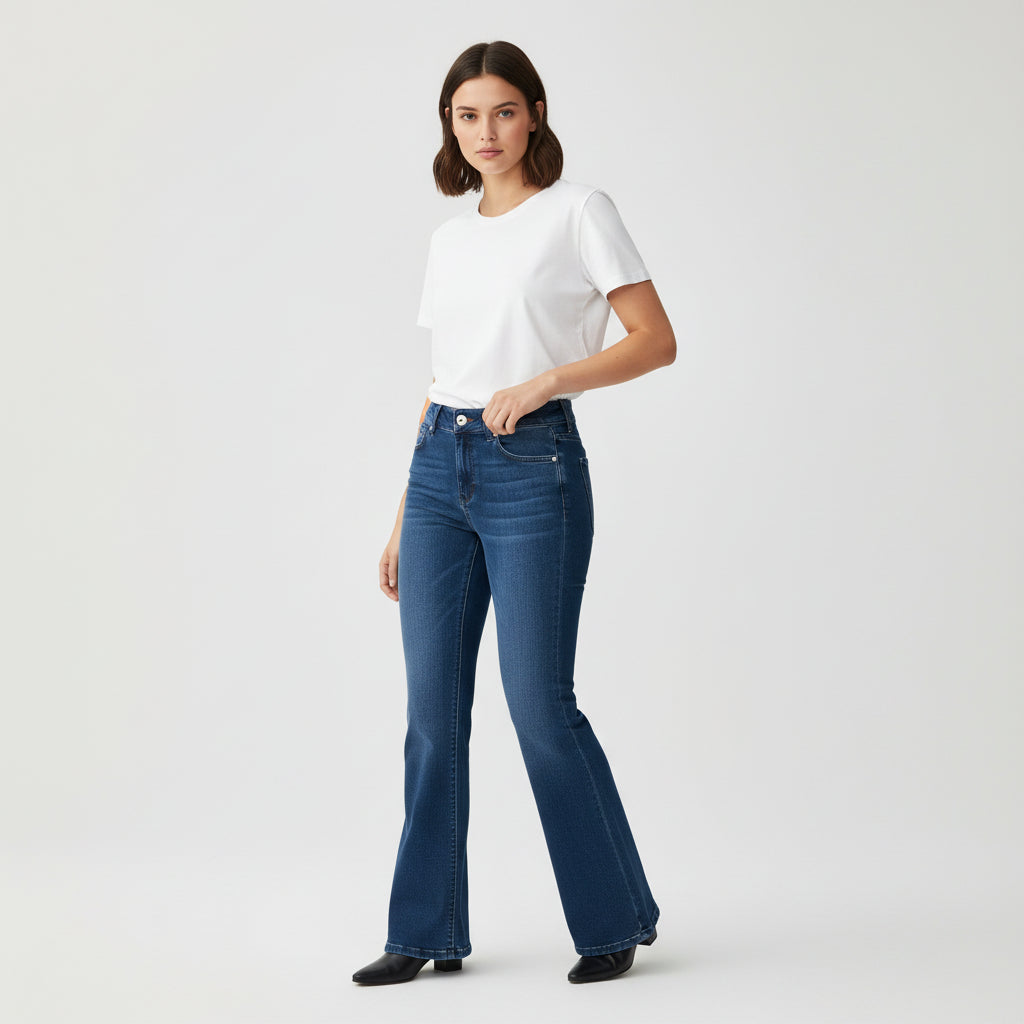 Women’s High-Waist Elastic Denim Pants with Button Detail-Vyana Collective