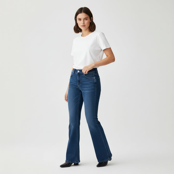 Women’s High-Waist Elastic Denim Pants with Button Detail-Vyana Collective