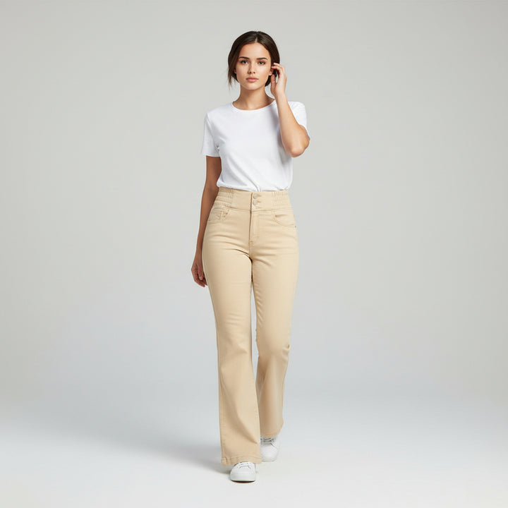 Women’s High-Waist Elastic Denim Pants with Button Detail-Vyana Collective